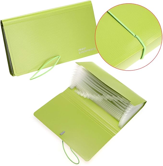 BTSKY Expanding File Folder - New 13 Pockets Handy Accordion File Organizer for Receipts Coupons Cards Tickets Tax Item File Storage Folder Check Bill Plastic Accordion Wallet Case(with Rope,Green)