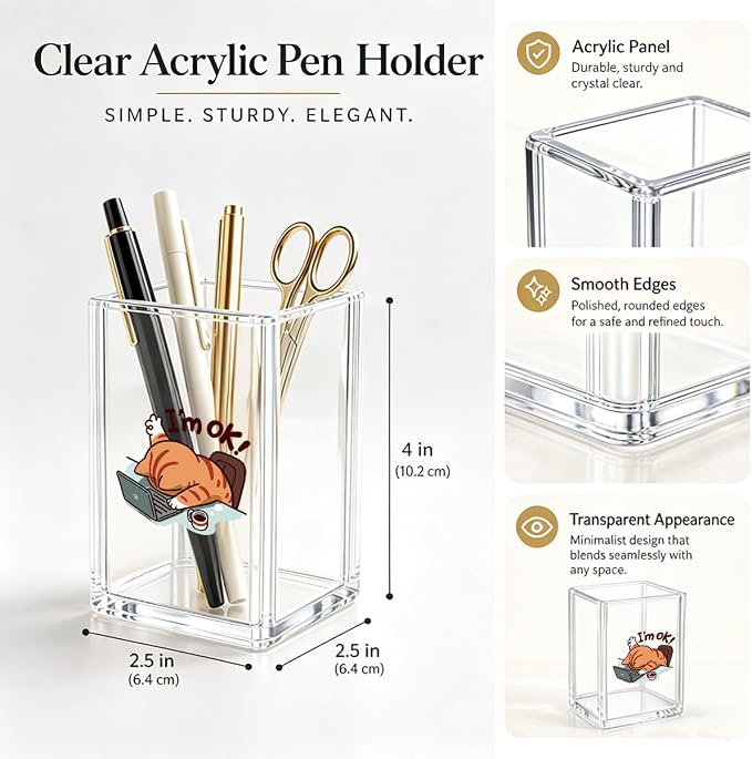 Funny Cat Pen Holder For Desk - I'M Ok Tired Cat Pencil Cup Clear Acrylic Makeup Brush Holder, Sarcastic Office Decor, Relatable Workplace Humor Desktop Organizer, Cute Coworker Gag Gift