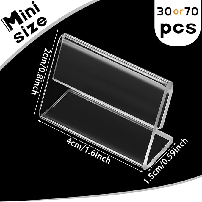 Nezyo 70 Pcs Mini Acrylic Sign Display Holder L Shape Tag Label Stands Clear Price Acrylic Tag Holder for Name Counter Top Retail Card Store Table Display, 1.57 x 0.79 Inch/ 4 x 2 cm