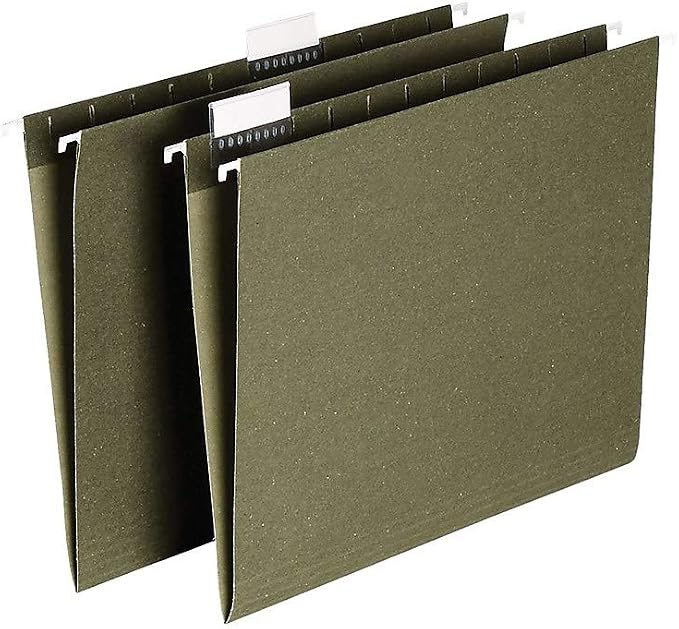 Staples Hanging File Folders, Letter Size, 1/5‑Cut Tabs, Standard Green, Includes Tabs & Paper Inserts – 25/Pack