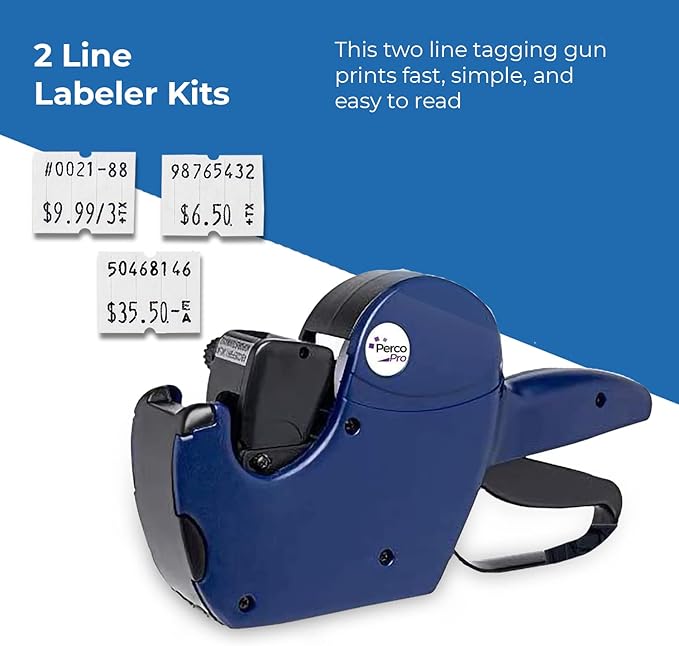 Perco Pro 2-Line Price Gun with Labels Kit - Includes 2-Line 16-Characters Price Labeler Gun, 10,500 Blank White Labels, a Label Scraper & a Pre-Loaded Ink Roll Bundled with Perco Labeler Gun Clip