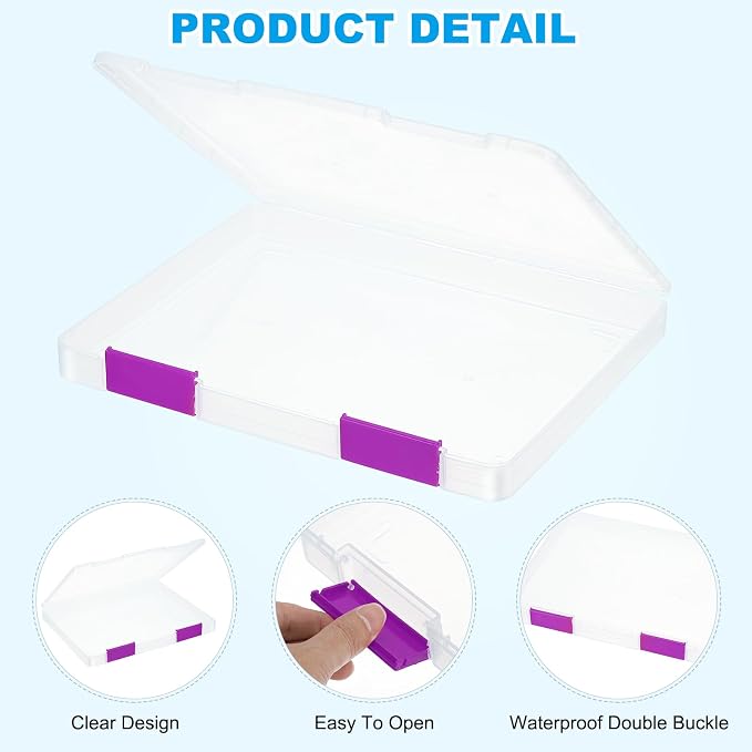 PATIKIL Clear A4 File Portable Project Case with Buckle Plastic Storage Box for 8.5" x 11" Letter Paper Scrapbook Paper Storage Boxes, 6Pcs, 12.4"x9.8"x1.2", Purple