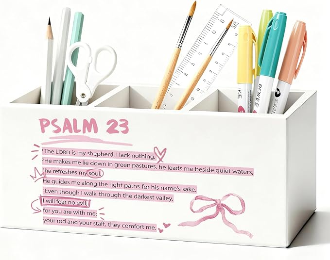 Pink Christian Pen Holder, Christian Gifts for Women Pencil Holder for Desk, Coquette Pink Bow Bible Verse Wooden Box Sign Decorations for Girly Room Bedroom Dorm Office Desk Tabletop