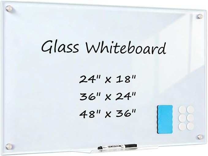 Dry Erase Board, 48'' x 36'' Magnetic Large Glass Whiteboard Frameless Wall Mounted Glass White Board for Office, School & Home with 1 Acrylic Marker Tray & 3 Strong Magnet