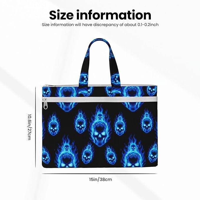 Business Document Handbag Blue Fire Flame Skull Art, Zippered Canvas File Bag with Handle for Office Meetings and Travel