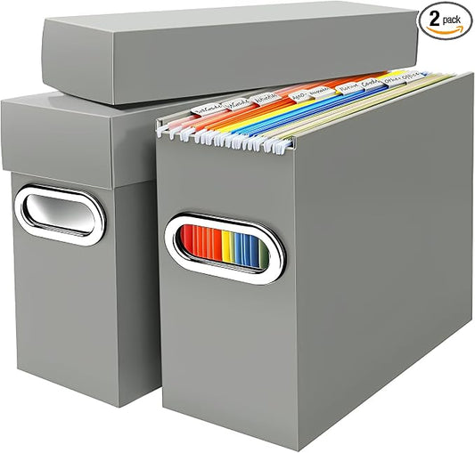 File Organizer Box with Lid & Handle, Thickened Cardboard Hanging File Folder Storage Boxes for Letter Size, Portable Filing Organizer for Office, Home, Classroom, Greige 2 Pack