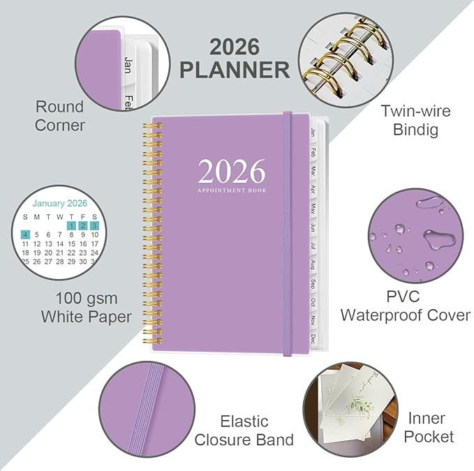 2026 Appointment Book & Planner - 2026 Daily Hourly Planner from January 2026 - December 2026, Weekly Appointment Book with 30-Minute Interval, Medium 6.4" x 8.5", Purple
