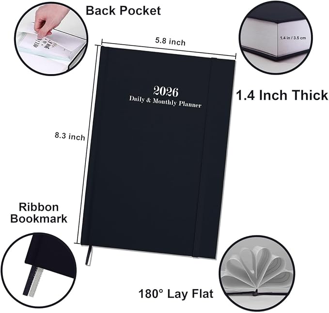 2026 Daily & Monthly Planner - 2026 Daily Planner One Page Per Day from January 2026 to December 2026, 5.8" x 8.3" Hourly Appointment Book Perfect Organizer Daily Life, Fabric Cover, Black