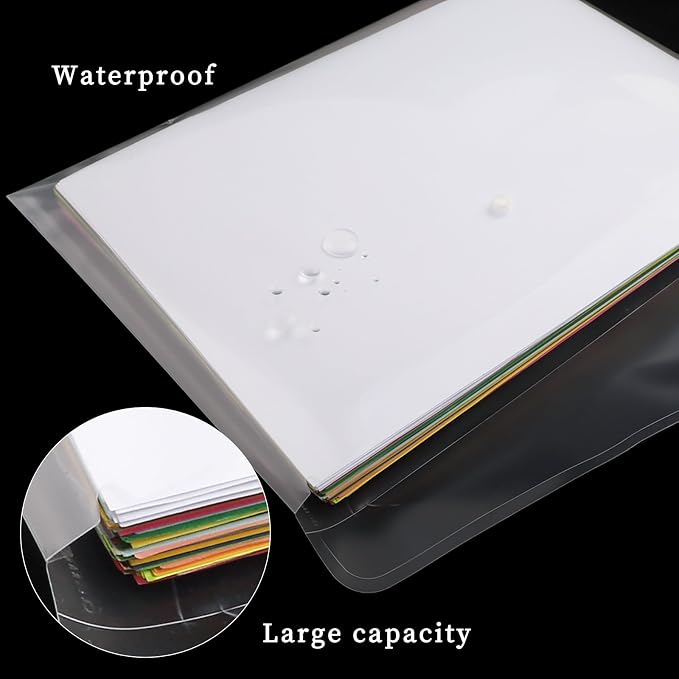 EOOUT 50pcs Plastic Envelopes with Button Snap Closure, Clear Poly Folders for Documents, Waterproof Plastic File Folder, Letter Size, A4 Size, for School and Office Supplies
