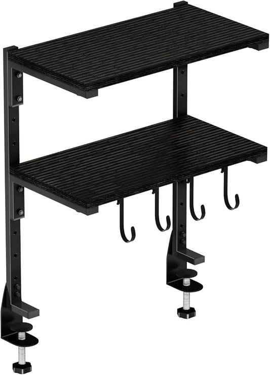 Clamp-on Desk Shelf, 13 inch Above or Below Desk 2-Tier Shelving, Adjustable Metal Storage Tray for Gaming Devices or Office Desk Accessories and More, Black, Patent Pending
