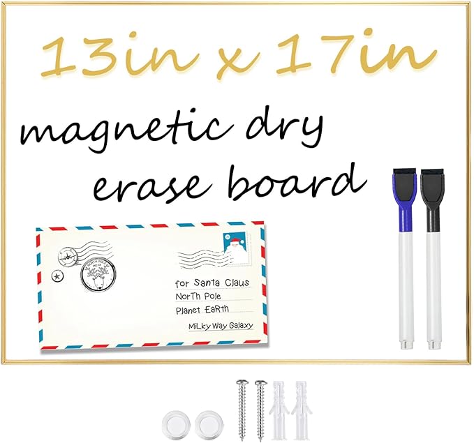 Dry Erase White Board, 13"x 17" Gold Aluminum Frame Magnetic Whiteboard for Wall Office,School,Home, Hanging Board for Decoration,Planning,Kitchen Grocery List,Drawing,Memo（BB-Gold-3343+1）