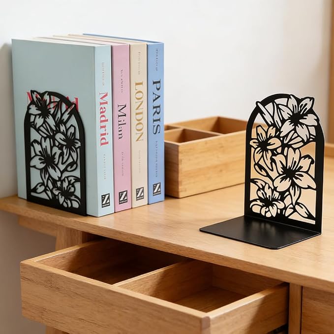 Book Ends, Bookends, Book Ends for Shelves, 2Pair Non Skid Metal Book Divider Decorative Holder, Abstract Art Desgin Book Stopper Supports for Office, Home (Floral)