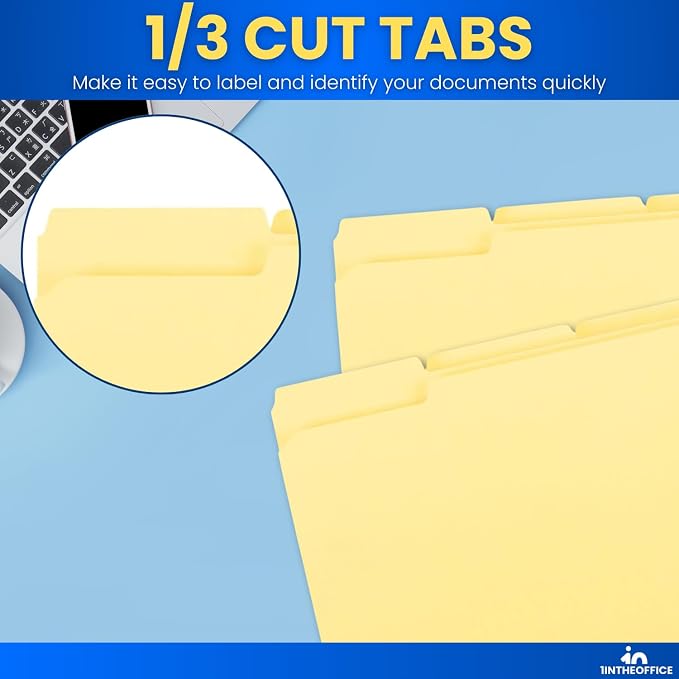 1InTheOffice Yellow Folders, File Folders Letter Size, Filling Folder, Top Tab, 1/3 Cut Assorted Tab, 100 Pack