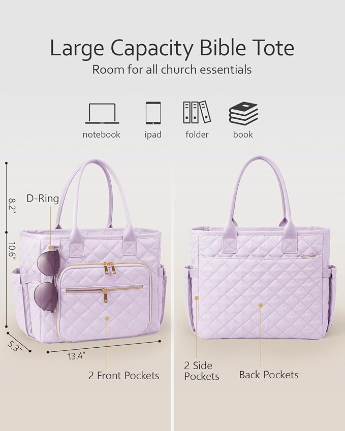 BellaHold Large Bible Bag with Bible Cover Case for Women, Church Bag with Bible Study Supplies & Shoulder Strap, Quilted Bible Tote Bag, Christian Gift for Women, Light Purple