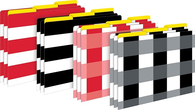 Barker Creek Designer File Folders Set of 12, Buffalo Plaid & Wide Stripes, Plaids, Stripes on Outside, Yellow on Inside, Letter Size, 1/3 Cut Tabs, 12-Pack, Home, School and Office Supplies (1341)