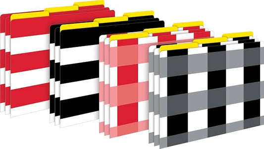 Barker Creek Designer File Folders Set of 12, Buffalo Plaid & Wide Stripes, Plaids, Stripes on Outside, Yellow on Inside, Letter Size, 1/3 Cut Tabs, 12-Pack, Home, School and Office Supplies (1341)