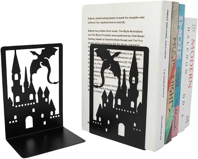 Book Ends, Bookends, Book Ends for Shelves, 1 Pair Non Skid Metal Book Divider Decorative Holder, Abstract Art Desgin Book Stopper Supports for Office, Home (Dragon C)