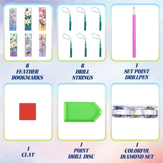 6Pcs Magnolia 5D Diamond Art Bookmarks Flowers Diamond DIY Painting Bookmarks Rhinestones Beaded Acrylic Tassel Bookmark for Adult Beginner Crafts