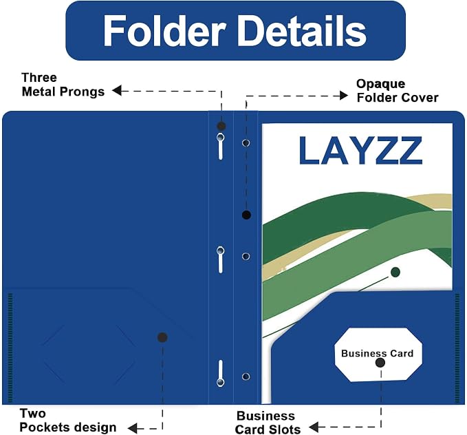 Two Pocket Folders with Prongs, LAYZZ 60 Pack Poly Plastic Folders, Heavy Duty Plastic Folders with Pockets and Prongs, Letter Size, for Offices and Schools (Blue)