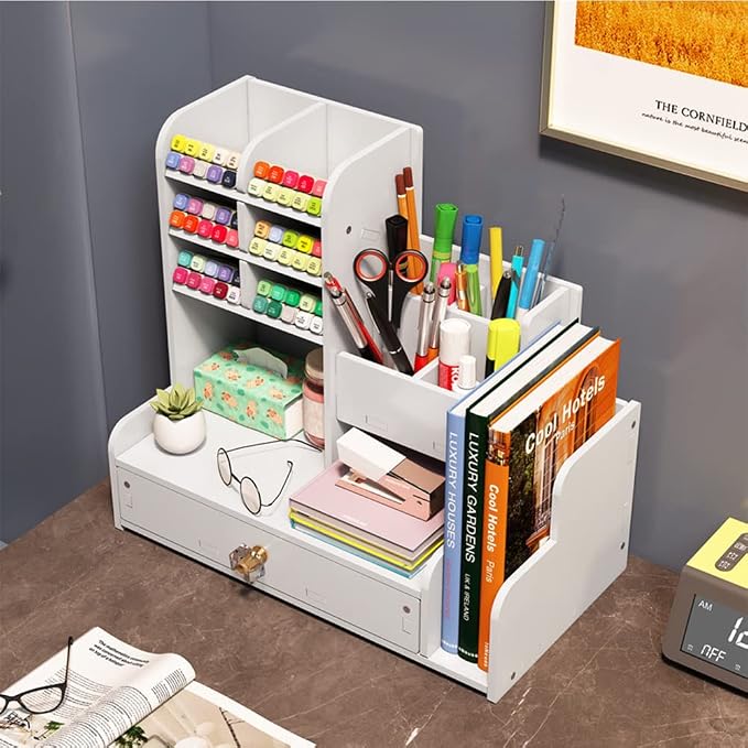 Hggzeg Desktop Pen Organizer, Stationary Organizer with Drawers and 2 File Holder, Art Supply Storage, Multi-Functional Pen Pencil Holder, for Home, Office and School