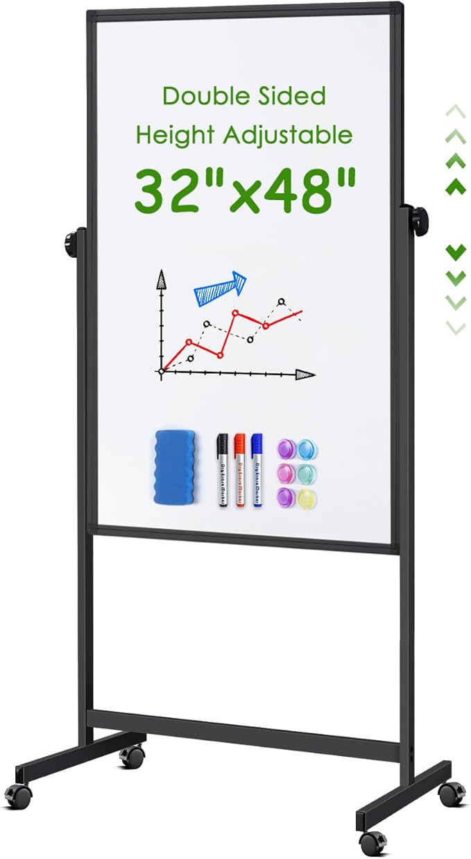 Rolling Whiteboard on Wheels, 32x48 Inches Double-Sided Magnetic Dry Erase Board with Stand, Height Adjustable Mobile White Board Easel for Classroom Home Office Black