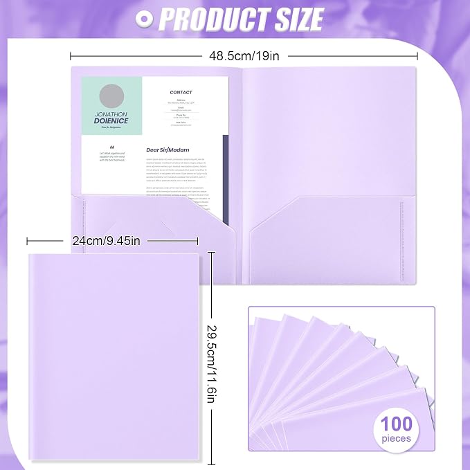 Gueevin 100 Pack Plastic Folder with Pockets, 2 Pocket Folders, Plastic Glossy Folders Fit Letter Size Paper, Heavy Duty Durable File Folder with Business Card for Home Office School (Light Purple)