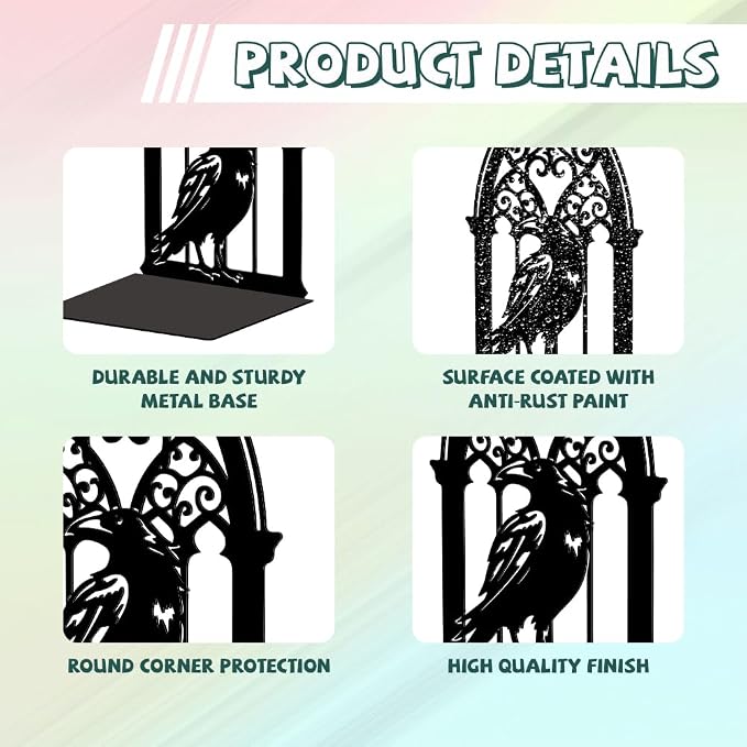 Peacoblue Metal Bookends for Shelves, Modern Decorative Heavy Duty Study Book Support Stoppers for Office, Desk, Shelf, Room 5.3"x4.3"x7.9" Cast Iron Simple Tall Bookends, 1 Pair (Gothic Crow)