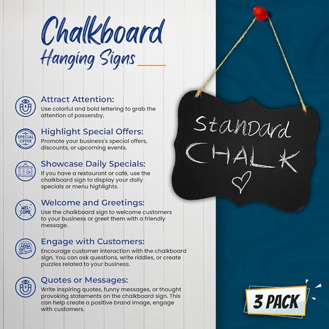 3 Small Chalkboard Hanging Signs Acrylic 4x6 - Double Sided Board for Standard Chalk & Other Side for Liquid Chalk Marker- Memo Message Mini Sign - Blackboard for Crafts (3) Advanced Group Corp.