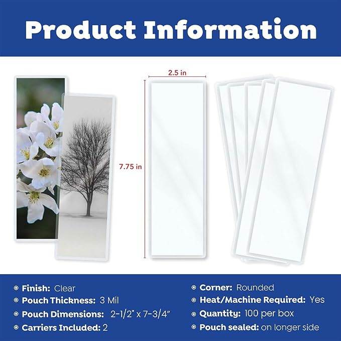 3 Mil Laminating Pouches with Rounded Corners | Bookmark Medium Size | 2-1/2 in. x 7-3/4 in. | Glossy Finish | Premium Adhesive for High-Clarity | 2 Carriers Included | 100 Pack