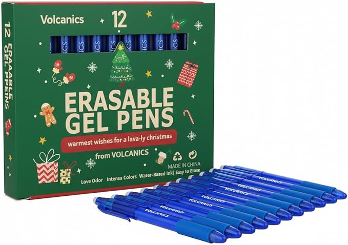 Volcanics Christmas Clicker Erasable Gel Pens Blue Ink – 12 Pack, Retractable Erasable Gel Ink Pen Set, Smooth Writing Heat Erase Gel Pens, Holiday Gift for Kids & Adults, Perfect Stocking Stuffers