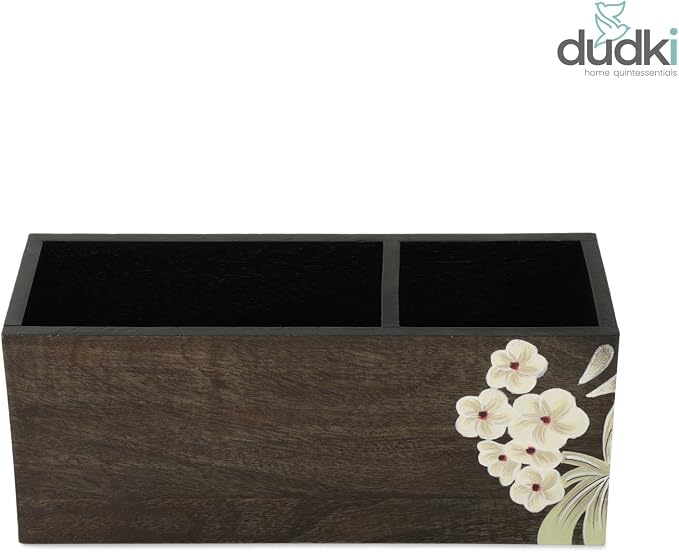 dudki 2 Compartment Floral Design Wooden Desk organizer caddy For Multipurpose stationary Storage Pen Stand Accessories With 2 Slots, Wooden, Classy looking dining table décor