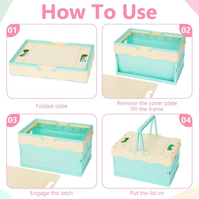 2 Pcs Pastel Plastic Collapsible Storage Crates with Lids and Handle Collapsible Picnic Basket Stackable Storage Bins Cute Foldable Container for Home Kitchen Office Bathroom(Pink,Blue)