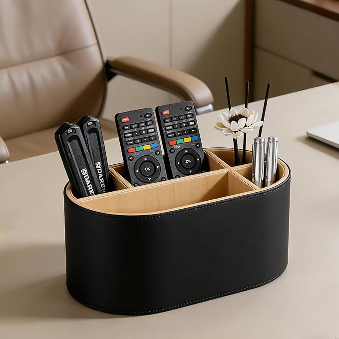 KINGFOM PU Leather Desk Organizer with Multi Compartments, Desktop Caddy Holder for Remote Controls, Pens, Makeup Brushes, Office Accessories (Black)