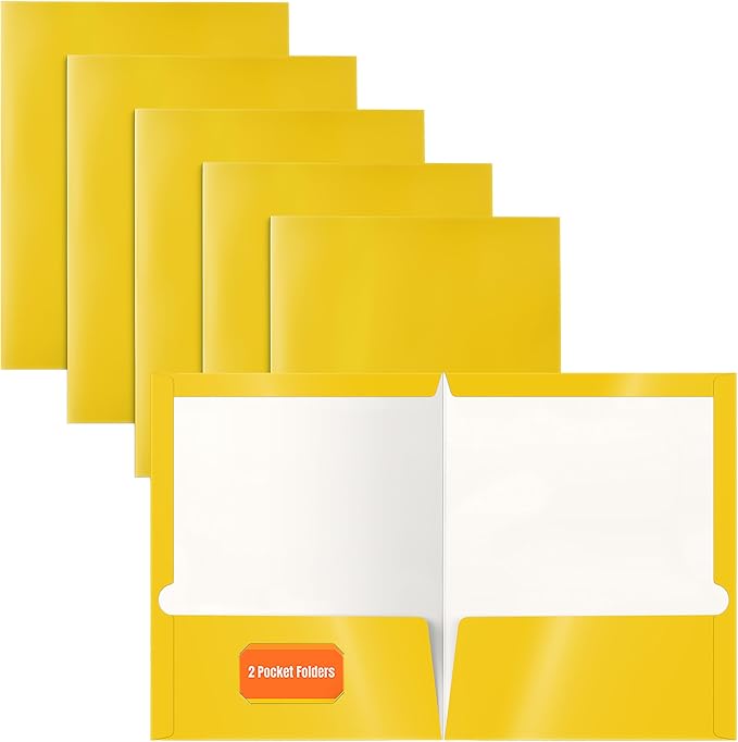 Better Office Products 2 Pocket Glossy Laminated Yellow Paper Folders, Letter Size, 25-Pack, Yellow Paper Portfolios, Box of 25