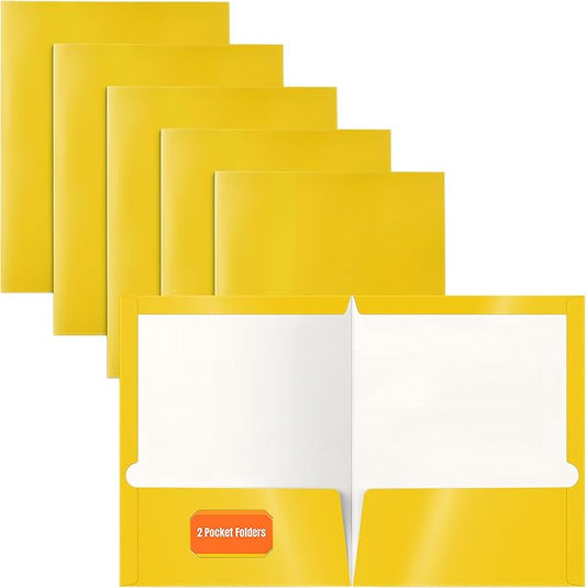 Better Office Products 2 Pocket Glossy Laminated Yellow Paper Folders, Letter Size, 25-Pack, Yellow Paper Portfolios, Box of 25