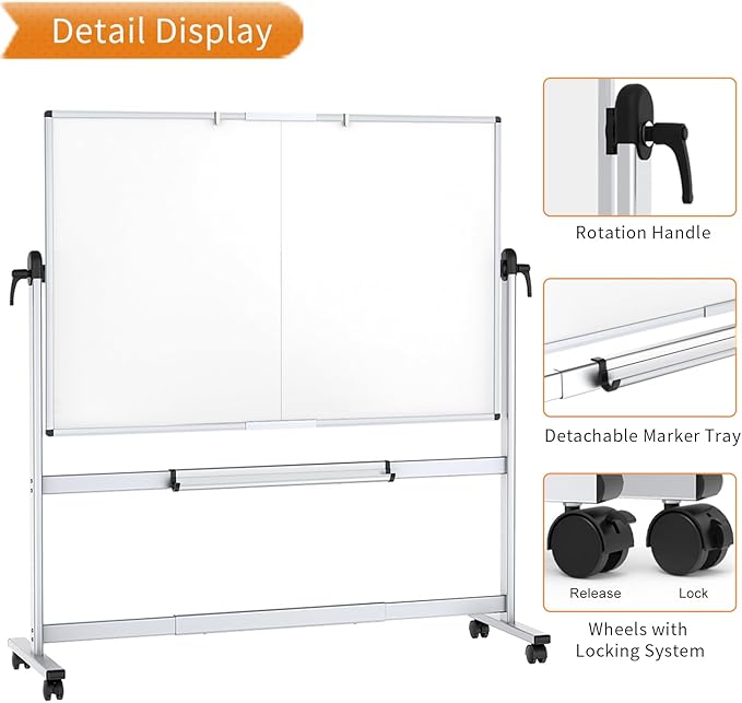VIZ-PRO Double-Sided Mobile Whiteboard, 60 x 48 Inches, Magnetic Rolling Dry Erase White Board on Wheels with Aluminium Frame and Stand 5' x 4'
