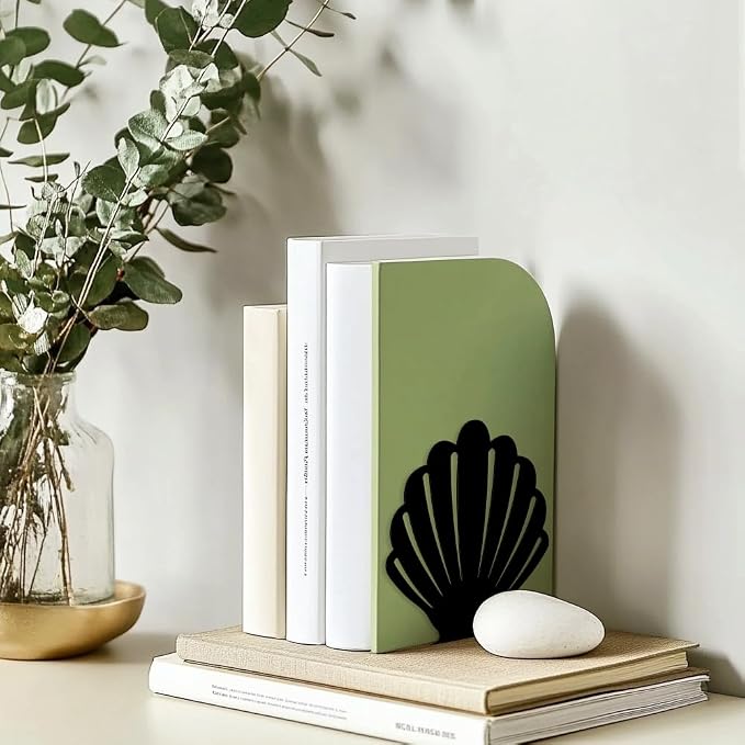 Peacoblue Metal Bookends for Shelves, Modern Decorative Heavy Duty Study Book Support Stoppers for Office, Desk, Shelf, Room 5.3"x4.3"x5.5" Cast Iron Simple Tall Bookends, 1 Pair (Shells)