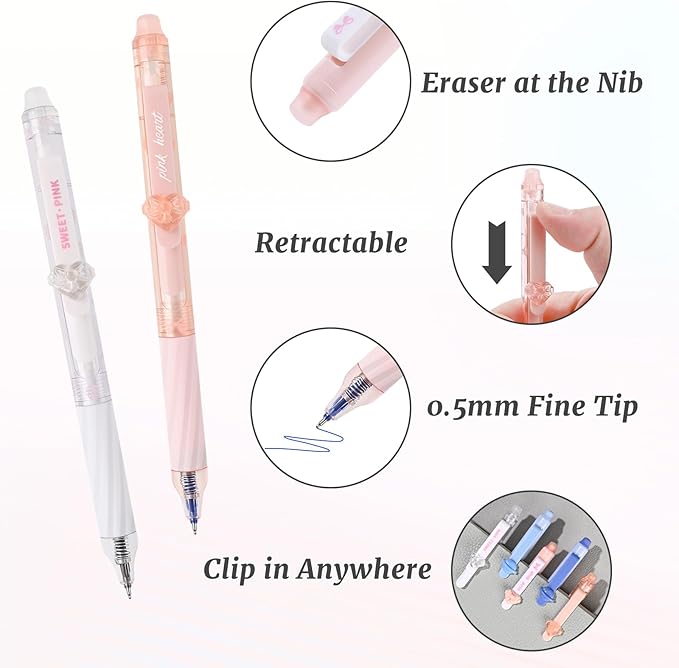 8 Pcs Cute Erasable Gel Pens with Erasers, 0.5 mm Fine Point Black & Blue Ink Pens, Smooth Writing Retractable Pen for Note Taking and Crossword Puzzles (Pink)