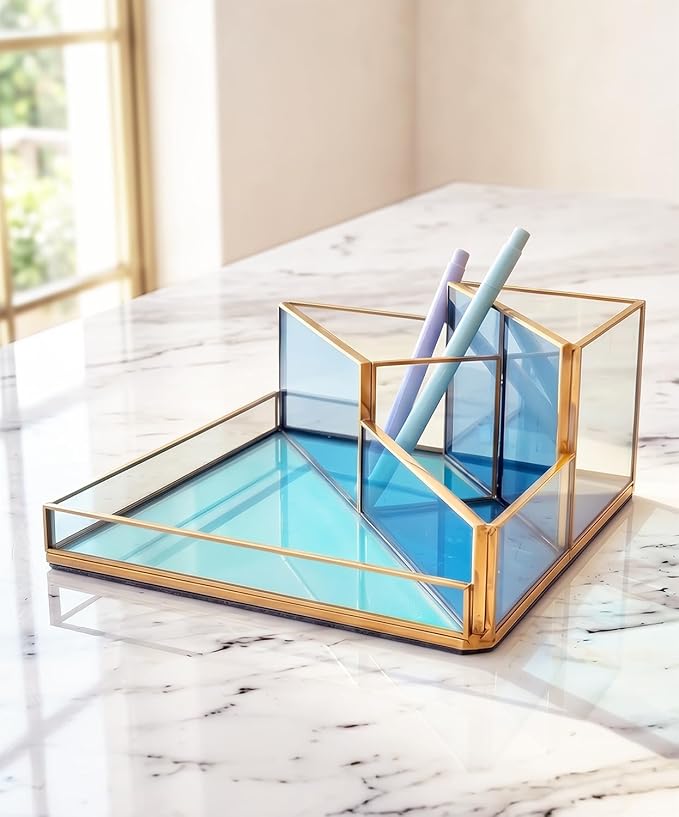 Gold & Blue Glass Desk Organizer - Elegant Office Decor, Aesthetic Makeup Brush Holder & Skincare Organizer, 4-Compartment Pen Holder, Pencil Cup, Vanity & Cosmetic Storage, Desk Accessories for Women