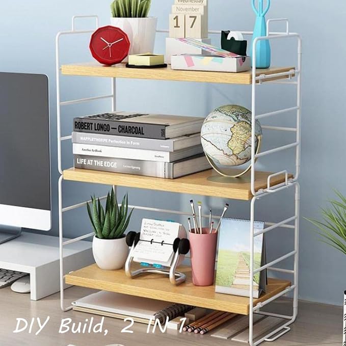 Desktop Shelf Organizer, Small Wood Countertop Bookshelf Adjustable Desktop Organizer Office, Desk Storage Tabletop Display Shelf for Home Office Kids Dorm (Wood White Frame)