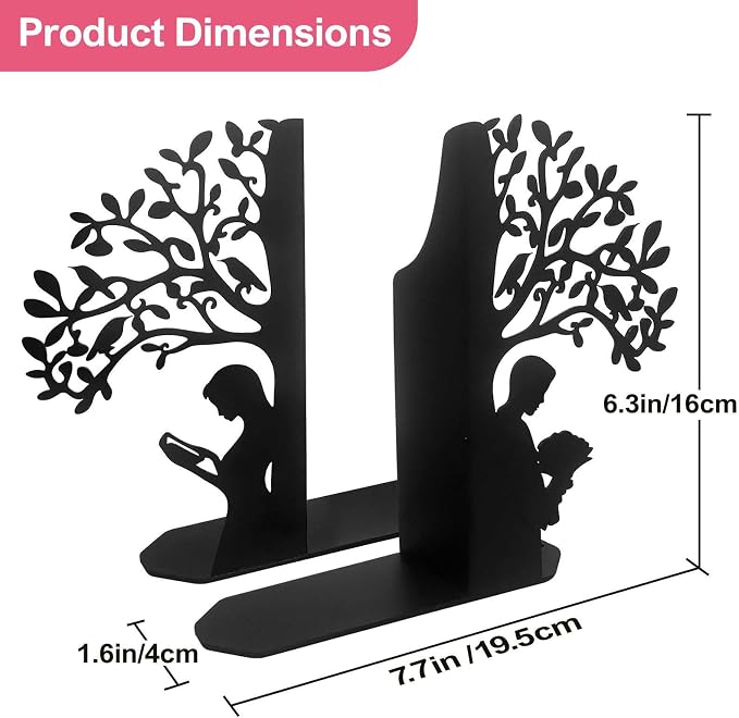 Tree of Life Bookends Decorative Couple Book Ends for Shelves, Black Metal Bookends for Heavy Books, Book Organizer for Desk Bookshelf Home Office Book Stopper Valentines Day Gifts