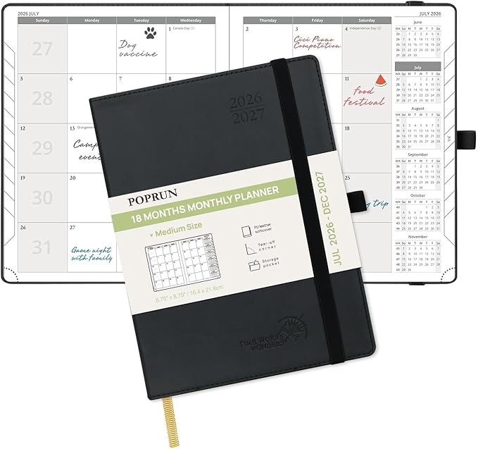 POPRUN Monthly Planner 2026-2027 (Medium- 6.5'' x 8.5'' Soft Cover), 18-Month Calendar Book (Jul.2026-Dec.2027), Calendar Planner with Monthly Tabs & Pocket, 100 GSM Paper - Black
