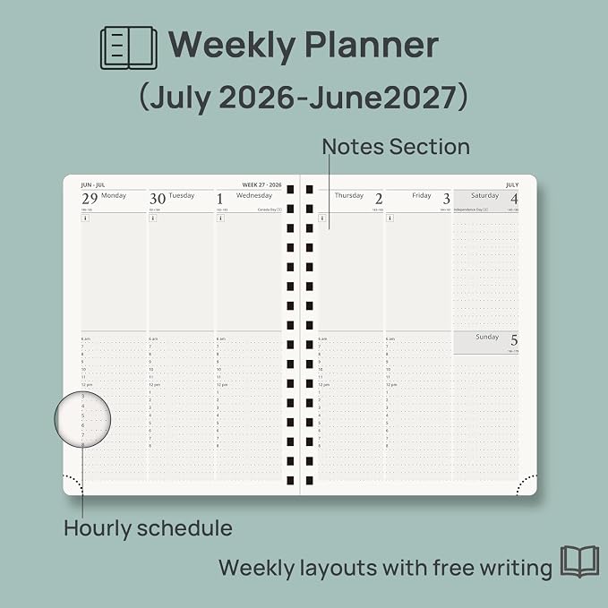 POPRUN 2026-2027 Academic Year Weekly and Monthly Planner Calendar,Jul 2026 - Jun 2027，6.25" x 8.5",Daily Agenda Book & Appointment Book with Hourly Schedule, Tabs, Hardcover, School and Office Supplies - Light Yellow