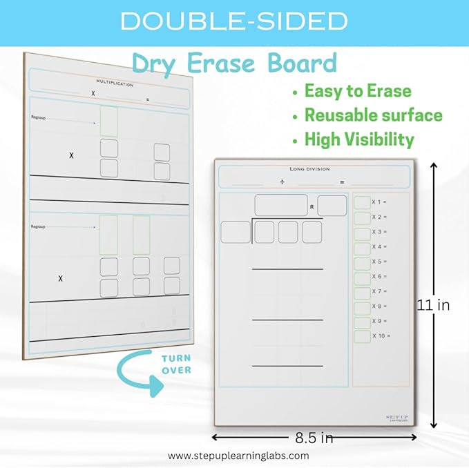 Division Manipulatives 9x12 Long Division White Boards for Students with Double Sided Multiplication Practice Math Manipulatives Practice Whiteboard for Kids Students Classroom and Home