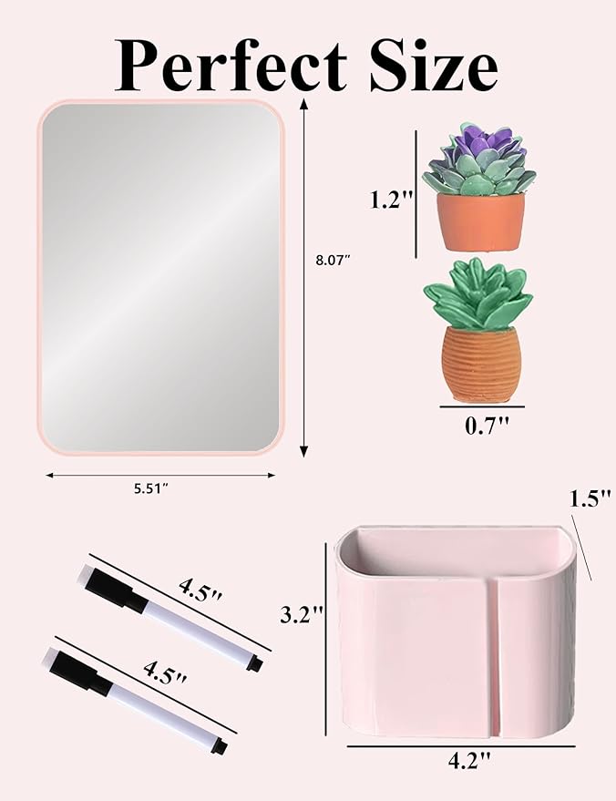 7 Piece Magnetic Locker Mirror with Pen Holder, Pink Locker Accessories Kit for Girls, Back to School Essentials, Cute Decorative Locker Organizer for School Locker Decor, Office, Fridge, Home Decor