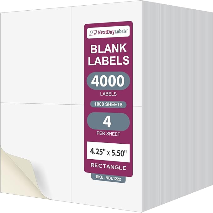 NextDayLabels 4.25x5.5 Inch Rectangle Stickers White Blank Labels for Laser Inkjet Printer - 4 Per Sheet Self-Adhesive Shipping Mailing Address Made in USA - 4000 Labels