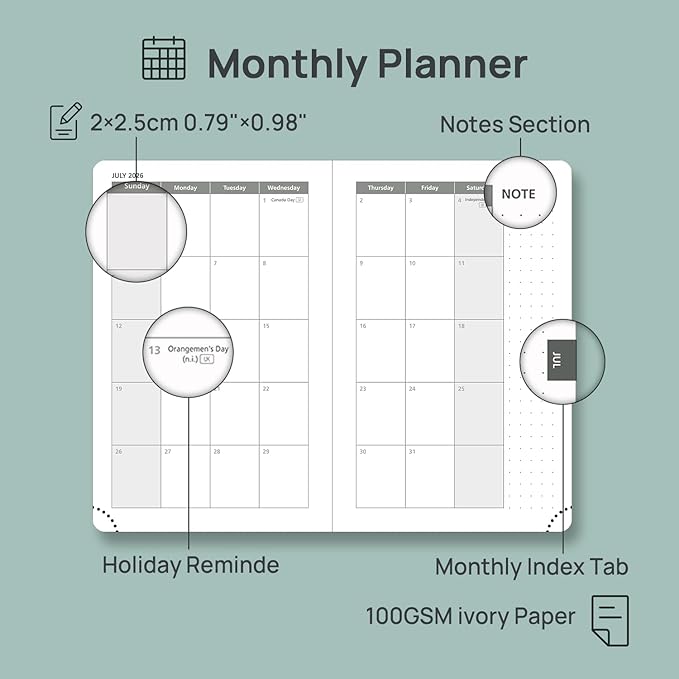 POPRUN 2026-2027 Pocket Weekly Planner Calendar, Size 4'' x 6.25'', Academic Planner (Jul 2026 - Jun 2027) Horizontal Layout with Lined Sections, Leather Hardcover, 100GSM Paper - Lavender