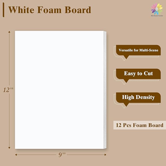 Mat Board Center, 12 Pack 9x12 White Foam Boards, Acid Free Foam Core Board, 1/8 inch Thick