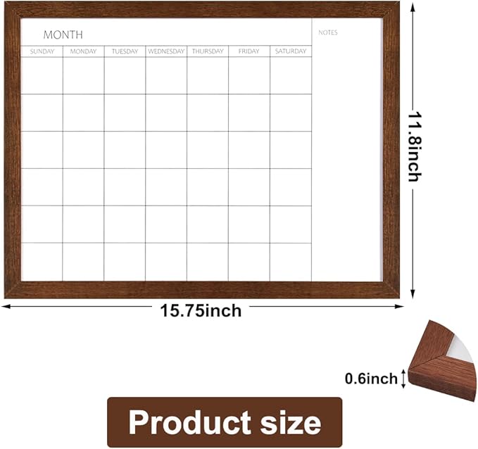 TORASO Dry Erase Monthly Calendar Board, Solid Wood Frame Magnetic Whiteboard for Wall, Office/School/Home, Walnut Brown Frame Hanging Board 12"x 16"(YL-WB-3040-A)