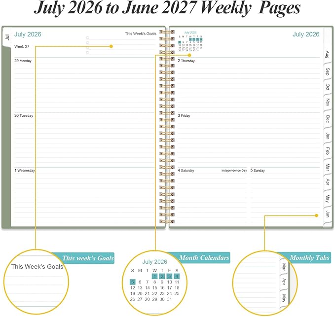 2026-2027 Planner - 8.5" x 11" Weekly Monthly Planner from July 2026 to June 2027 with 12 Monthly Tabs, Inner Pocket, Elastic Closure, Green